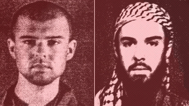 (Left) A police file photo made available February 6th, 2002, of the "American Taliban" John Walker Lindh. (Right) A February 11th, 2002, photograph of Lindh as seen from the records of the Arabia Hassani Kalan Surani Bannu madrassa (religious school) in Pakistan's northwestern city of Bannu.