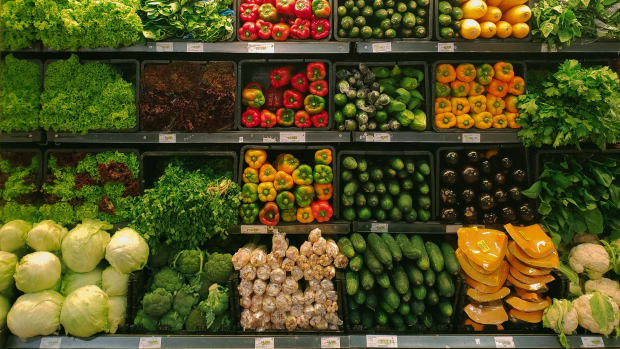 Vegetables are displayed at a supermarket.