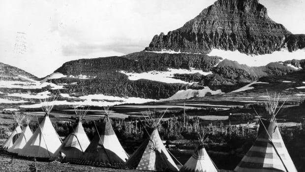 Blackfoot teepees at Glacier National Park, Montana, circa 1950.