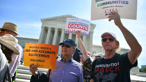 Demonstrators rally at the U.S. Supreme Court in Washington, D.C., on April 23rd, 2019, to protest the proposal to add a citizenship question to the 2020 Census.