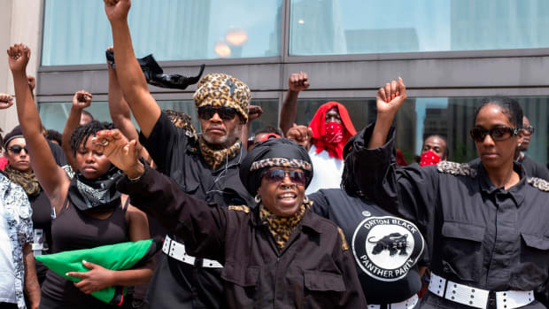 Members of the Dayton chapter of the Black Panthers protest against a small group from the KKK-affiliated Honorable Sacred Knights during a rally in Dayton, Ohio, on May 25th, 2019.