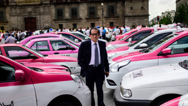 Taxi drivers take part in a protest against the private taxi company Uber and other apps for alleged unfair competition, in Mexico City, on June 3rd, 2019. The protesters blocked streets across the city, causing widespread traffic. Some drivers say Uber and other apps have reduced their income by about 40 percent.