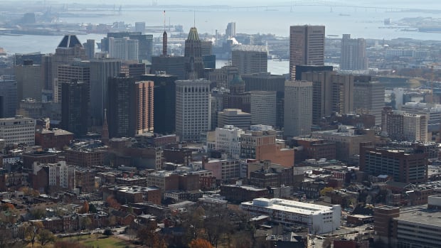 An aerial view of Baltimore's skyline.