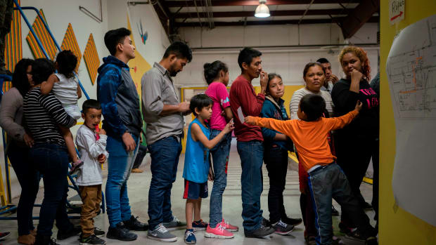 Migrant children from different Latin American wait to receive food at the Casa del Refugiado, or The House of Refugee, in El Paso, Texas, on April 24th, 2019.