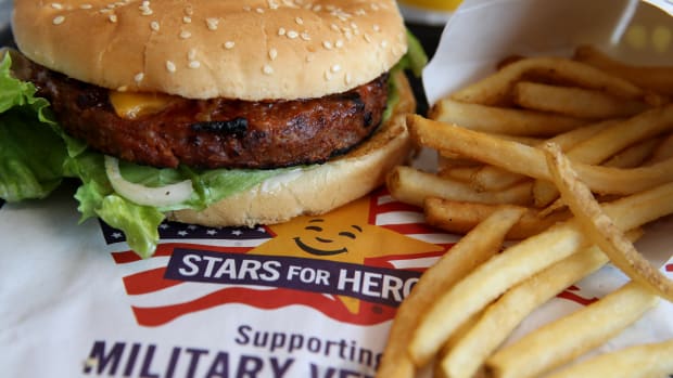 A Carl's Jr. Famous Star Beyond Meat burger is displayed at a Carl's Jr. restaurant on June 10th, 2019, in San Francisco, California. Plant-based burger company Beyond Meat has seen its stock price surge over 475 percent since its $25 IPO on May 1st.