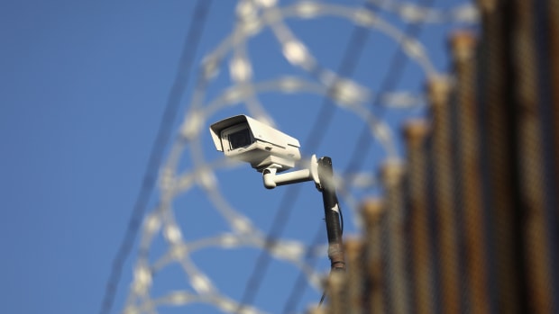 A United States surveillance camera overlooks the international bridge between Mexico and the U.S. in Hidalgo, Texas.