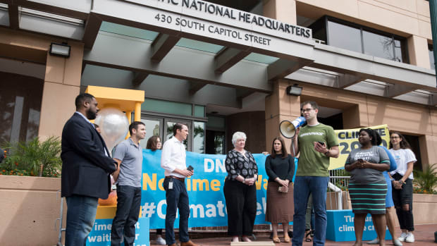 Jack Shapiro speaks in front of the Democratic National Committee headquarters during a Greenpeace rally to call for a presidential campaign climate debate on June 12th, 2019, in Washington, D.C. DNC Chairman Tom Perez rejected a request from Democratic presidential candidate and Washington Governor Jay Inslee to host a 2020 presidential debate focused solely on climate change.