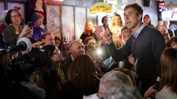 Democratic presidential candidate Beto O'Rourke an overflow audience at Yock's Landing during his second day of campaigning for the 2020 nomination March 15th, 2019, in Mount Vernon, Iowa.