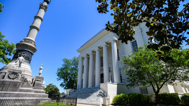 The Confederate Memorial stands outside the governor's office at the Alabama State Capitol on May 15th, 2019, in Montgomery, Alabama, the day that Alabama Governor Kay Ivey signed a near-total ban on abortion into state law.