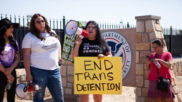 Jennicet Gutiérrez, a prominent trans undocumented activist and founding member of Familia: TQLM, gives a speech in front of the El Paso Processing Center.
