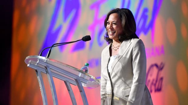Kamala Harris speaks on stage at the 2019 Essence Festival at the Ernest N. Morial Convention Center on July 6th, 2019, in New Orleans, Louisiana.