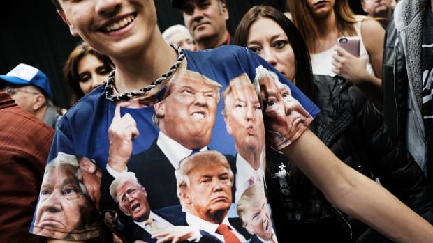 A teenager wears a Donald Trump shirt at a Trump rally on October 22nd, 2016, in Cleveland, Ohio.