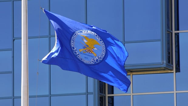 The flag of the NRA at its headquarters in Fairfax, Virginia.