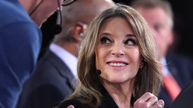 Democratic presidential candidate Marianne Williamson prepares for a television interview after the Democratic Presidential Debate at the Fox Theatre on July 30th, 2019, in Detroit, Michigan.