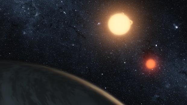 A digital illustration, released on September 15th, 2011, by NASA, of the newly discovered gaseous planet Kepler-16b orbiting its two stars.