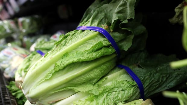 Romaine lettuce is displayed on a shelf at a supermarket on April 23rd, 2018, in San Rafael, California.
