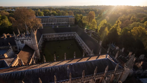 The sun rises on Magdalen College at Oxford University on May 1st, 2018, in Oxford, England.