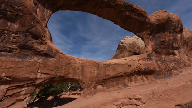 The Double O Arch in Arches National Park near Moab, Utah, on April 22nd, 2018.