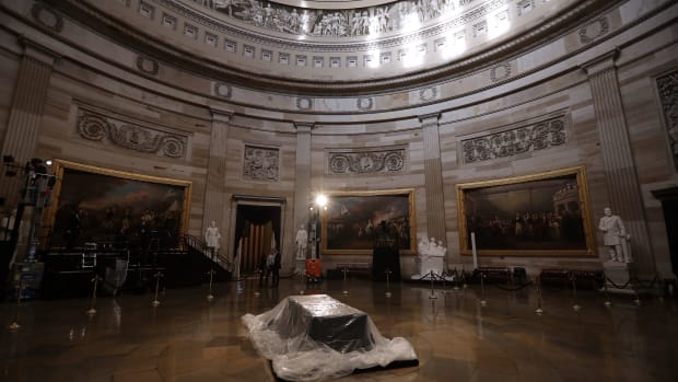 The Lincoln catafalque is protected by a plastic cover as preparations for the arrival of the body of former United States President George H.W. Bush continue at the U.S. Capitol Rotunda on December 3rd, 2018, in Washington, D.C. A World War II combat veteran, Bush served as a member of Congress from Texas, ambassador to the United Nations, director of the Central Intelligence Agency, vice president, and 41st president of the U.S. A state funeral for Bush will be held in Washington over the next three days, beginning with him lying in state in the U.S. Capitol Rotunda until Wednesday morning.