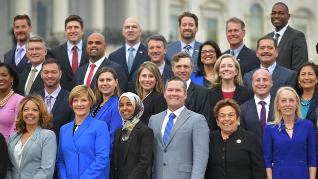 Democratic congresswoman-elect Ilhan Omar, Minnesota, poses along with others for the 116th Congress members-elect group photo on the East Front Plaza of the U.S. Capitol in Washington, D.C., on November 14th, 2018.