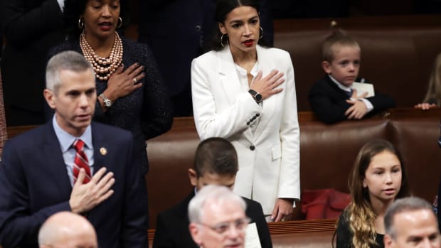Representative Alexandria Ocasio-Cortez (D-New York) takes the oath during the first session of the 116th Congress at the U.S. Capitol on January 3rd, 2019, in Washington, D.C.