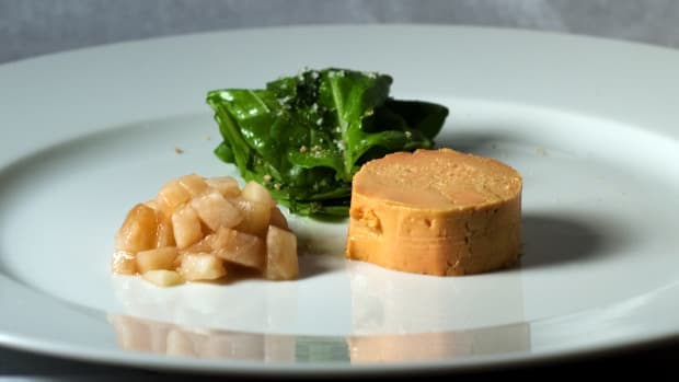 A Moulard duck foie gras torchon with pickled pear.