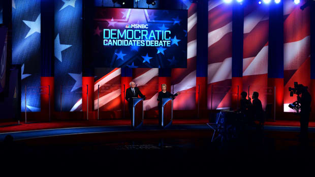 Democratic presidential candidates Hillary Clinton and Bernie Sanders participate in the MSNBC Democratic Debate at the University of New Hampshire in Durham, New Hampshire, on February 4th, 2016.