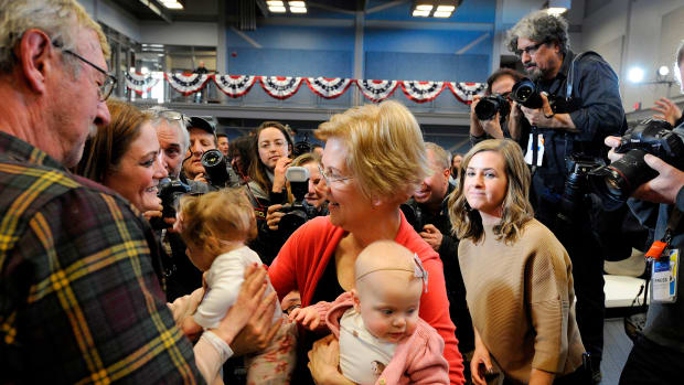 Senator Elizabeth Warren holds babies after addressing an organizing event at Manchester Community College in Manchester, New Hampshire, on January 12th, 2019.