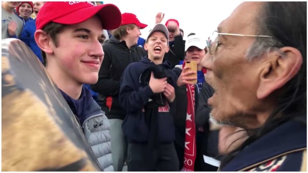 Students from Covington Catholic High School confront Native elder Nathan Phillips by the Lincoln Memorial in Washington, D.C., on January 19th, 2019.