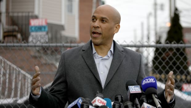Senator Cory Booker announces his run for president in 2020, on February 1st, 2019, outside his home in Newark, New Jersey.