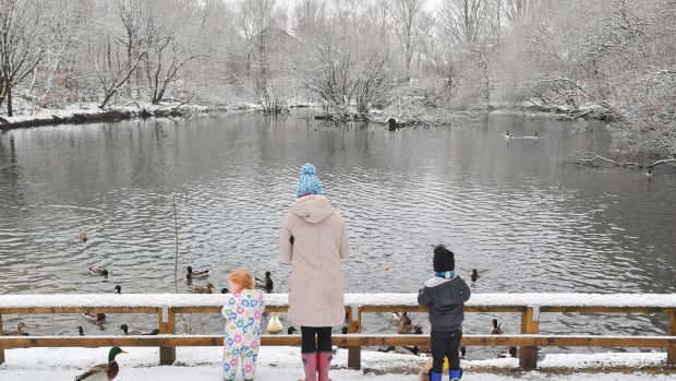 Matilda, two (left), and Oliver, three, feed the ducks with their mother in Stalybridge Country Park on January 30th, 2019, in Lancashire, United Kingdom.