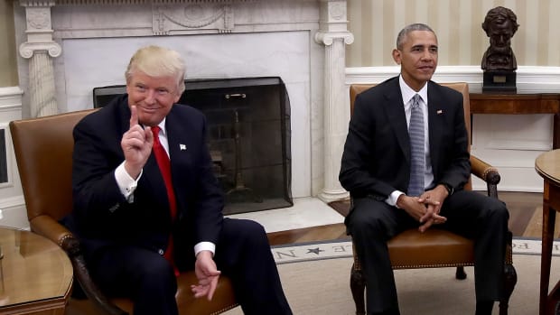 Then President-elect Donald Trump meets Barack Obama in the Oval Office.