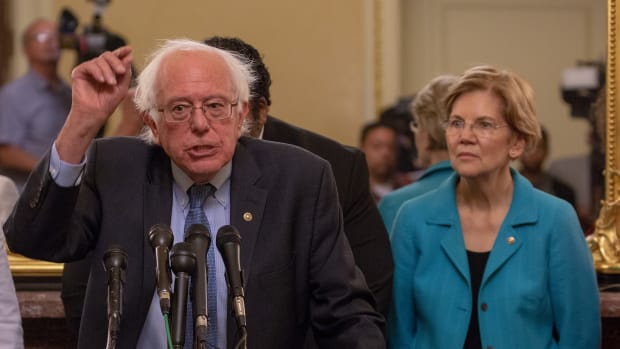 Senators Bernie Sanders and Elizabeth Warren protesting the nomination of Brett Kavanaugh to the Supreme Court, at a press conference on July 24th, 2018, in Washington, D.C.