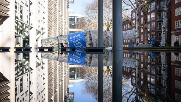 A sculpture made from over 2,500 plastic bottles recovered from beaches, rivers, and streets from around the United Kingdom is seen outside the Department for Environment, Farming and Rural Affairs as part of a stunt by environmental campaign group Greenpeace on February 25th, 2019, in London, England. The sculpture was delivered to DEFRA to apply pressure on Environment Secretary Michael Gove to move forward with a proposed deposit return scheme for bottles and cans bought in the U.K.