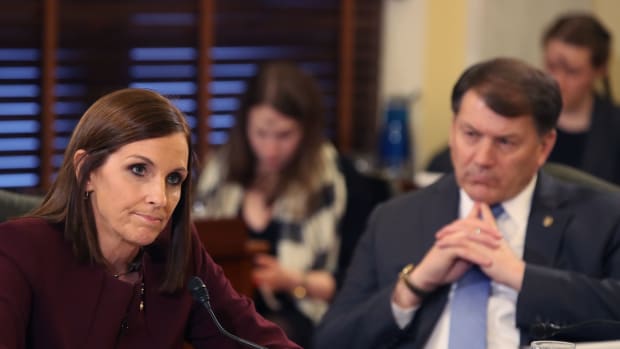 Senator Martha McSally (R-Arizona) speaks while Senator Mike Rounds (R-South Dakota) listens, during a Senate Armed Service Committee hearing on prevention and response to sexual assaults in the military, on March 6th, 2019, in Washington, D.C.