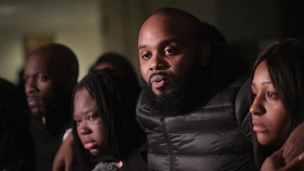Community activist Will Calloway speaks to the press on January 18th, 2019, in Chicago, Illinois, following the sentencing hearing for former Chicago police officer Jason Van Dyke for the 2014 murder of 17-year-old Laquan McDonald.