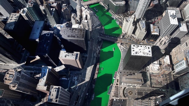An aerial view of the Chicago River as it winds its way through downtown Chicago after being dyed green in celebration of St. Patrick's Day on March 16th, 2019.