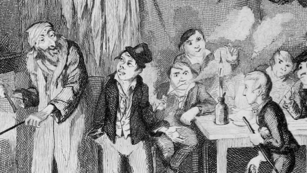 The Artful Dodger introduces Oliver to Fagin in this detail from an original George Cruikshank engraving for Charles Dickens' Oliver Twist, ca. 1839.
