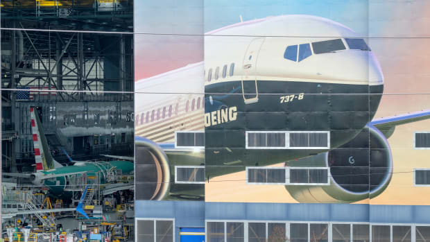 The Boeing 737 Max 8 is pictured on a mural on the side of the Boeing Renton Factory on March 11th, 2019, in Renton, Washington.