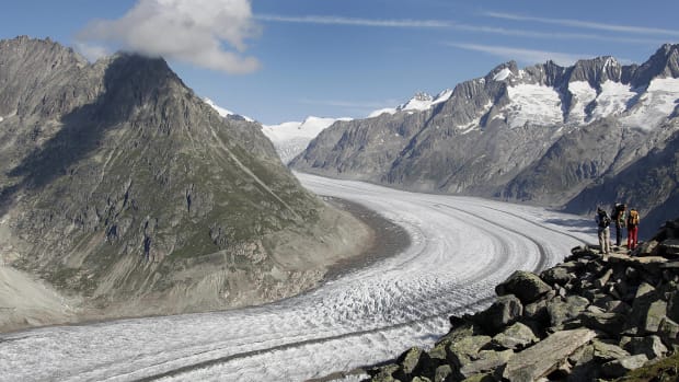 The Aletsch glacier, the largest in the Alps, continues toward the river Rhone.