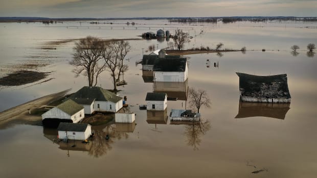 Floodwater surrounds a farm on March 22nd, 2019, near Craig, Missouri.