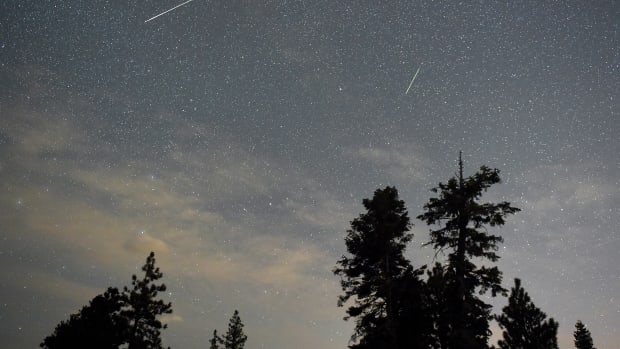 Two Perseid meteors streak across the sky on August 13th, 2015, in the Spring Mountains National Recreation Area, Nevada.
