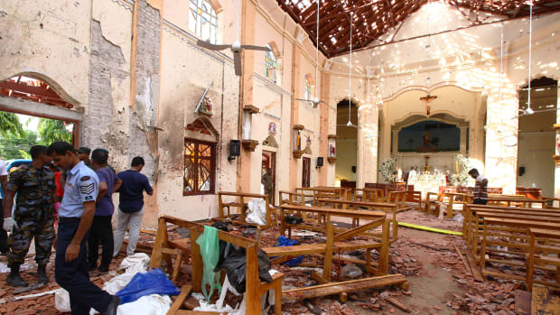 Sri Lankan officials inspect St. Sebastian's Church in Negombo, after one of the multiple explosions targeting churches and hotels on Easter Sunday, April 21st, 2019. Across three church bombings, and three luxury hotel bombings, at least 207 people were killed and hundreds more injured.
