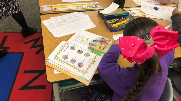 An elementary classroom in the two-way bilingual immersion program at Ann Leavenworth School in Fresno, California. The program starts in preschool and continues through sixth grade, aiming to develop high-level bilingual proficiency and biliteracy in English and Spanish.