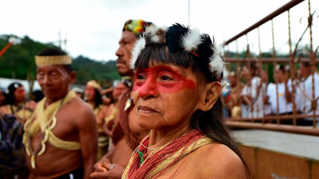 Waorani indigenous people march toward the provincial court to demand the non-exploitation of oil in their territory, in Puyo, Ecuador, on April 11th, 2019.