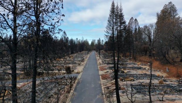 An aerial view of homes destroyed by the Camp Fire on February 11th, 2019, in Paradise, California.