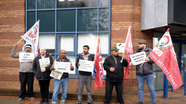 Uber drivers protest outside the Uber offices on May 8th, 2019, in Birmingham, England.