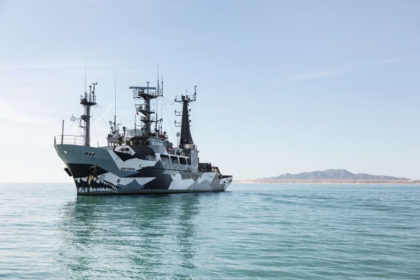 The Sam Simon, an anti-poaching vessel owned by Sea Shepherd, standing by outside of the port of San Felipe in the Gulf of California.