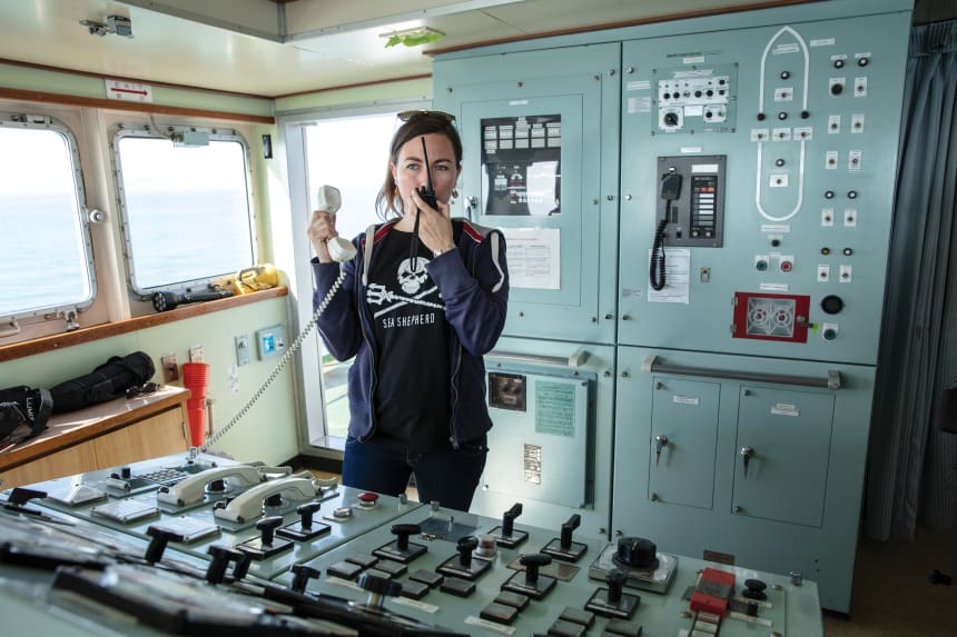 Oona Isabelle Layolle, captain of the Sam Simon and director of ship operations, communicates with another ship involved in Operation Milagro.