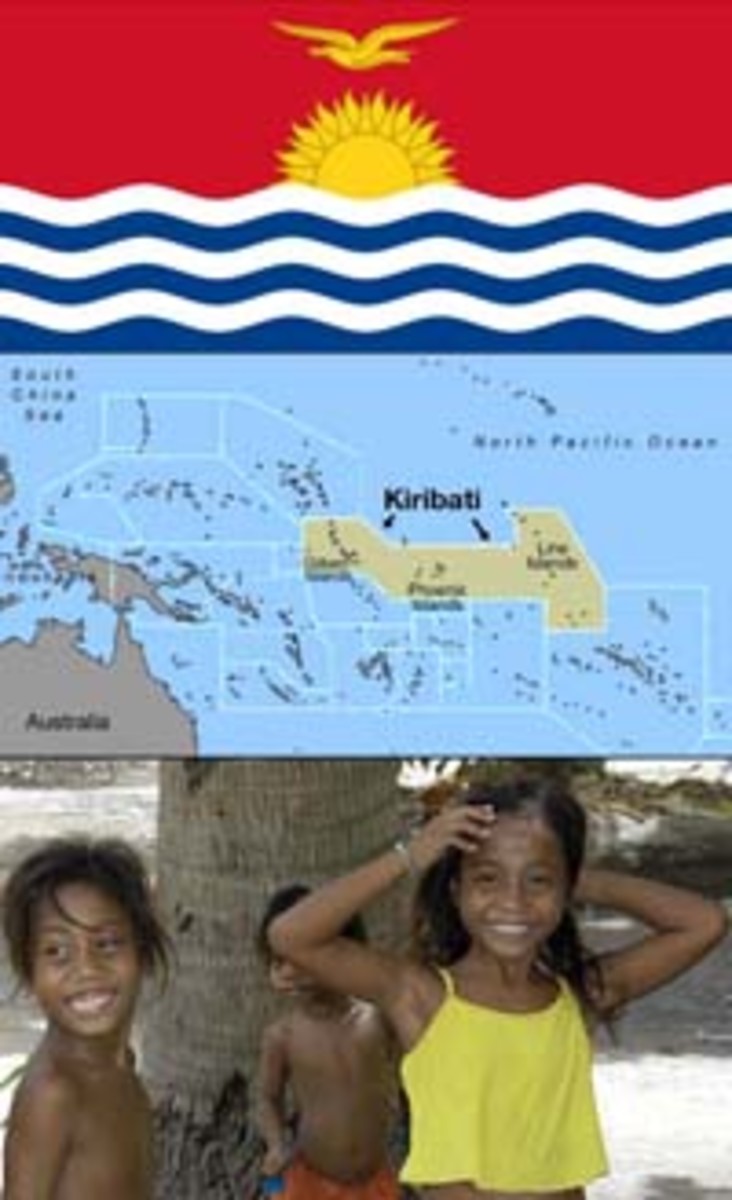 From top, the Kiribati flag, a map of the islands, Kiribati children. Click image to enlarge.